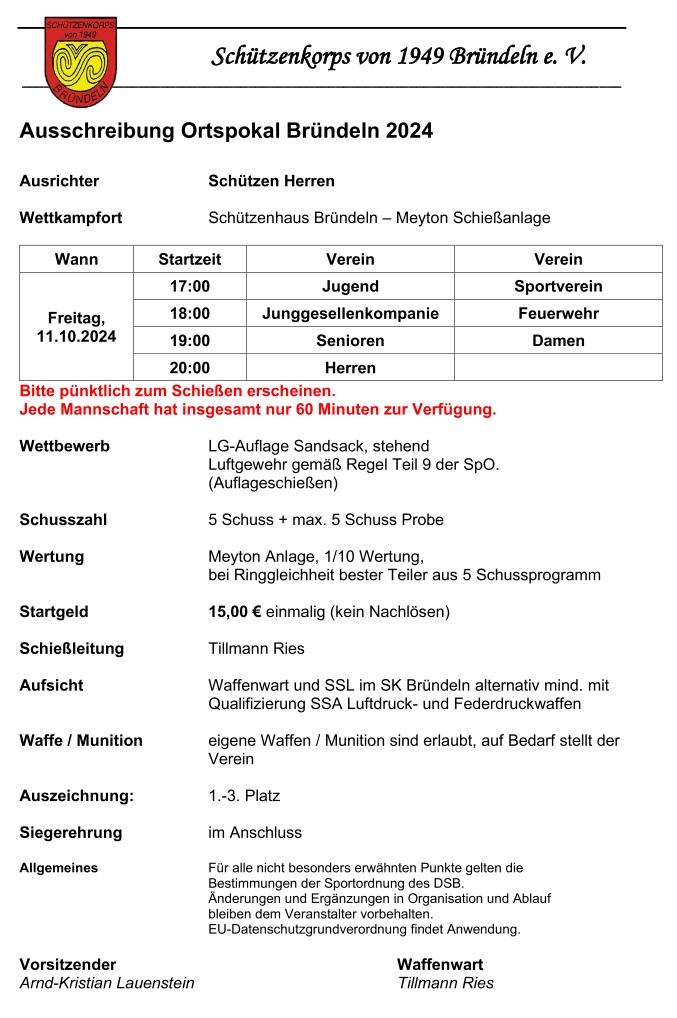 Schützenkorps Ausschreibung Ortspokal Bründeln 2024